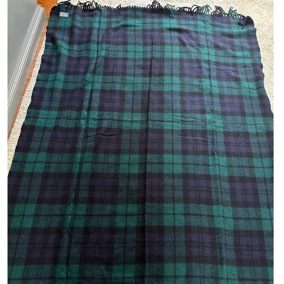 Vintage Pendleton Wool Throw Blanket Plaid 52x72” fringed dark blue green - Picture 1 of 12
